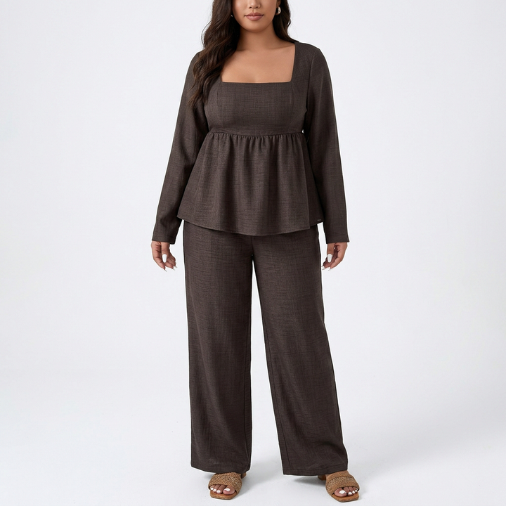 Women’s Long Sleeve Square Neck Top and Wide Leg Pants Two Piece Set-Vyana Collective