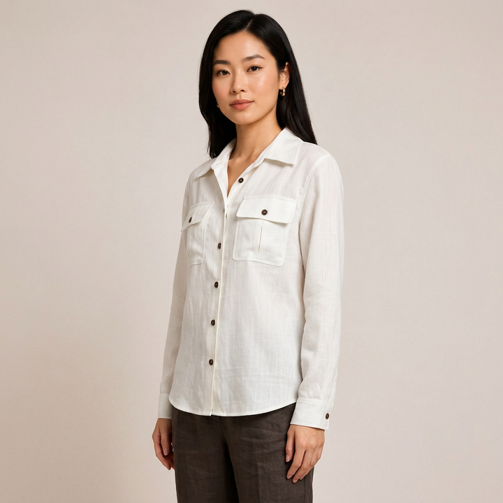 Women’s Lyocell-Linen Utility Button-Down Shirt with Flap Pockets-Vyana Collective