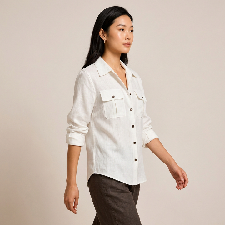 Women’s Lyocell-Linen Utility Button-Down Shirt with Flap Pockets-Vyana Collective