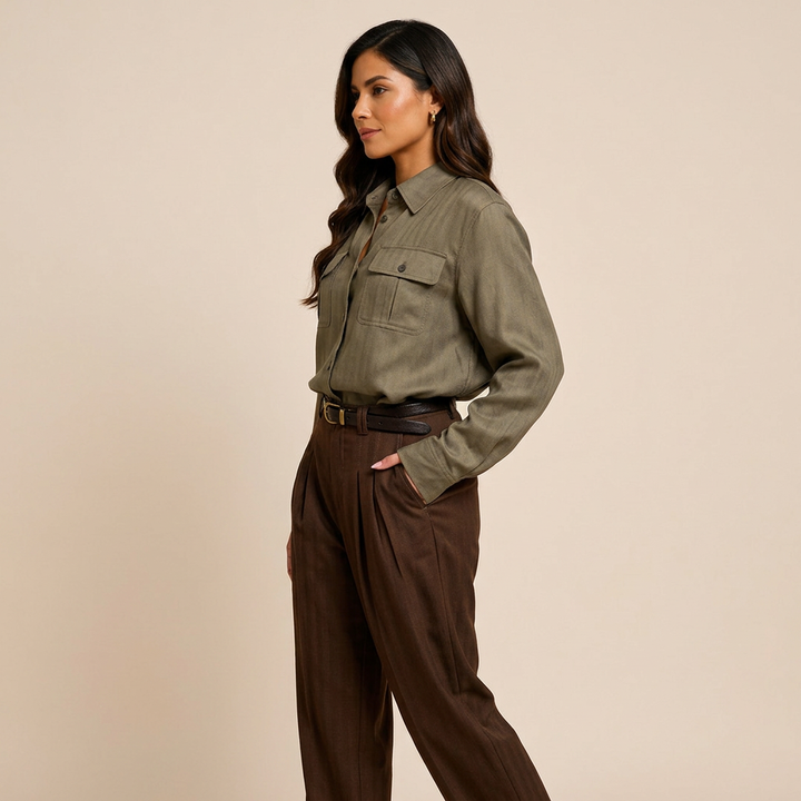 Women’s Lyocell-Linen Utility Button-Down Shirt with Flap Pockets-Vyana Collective