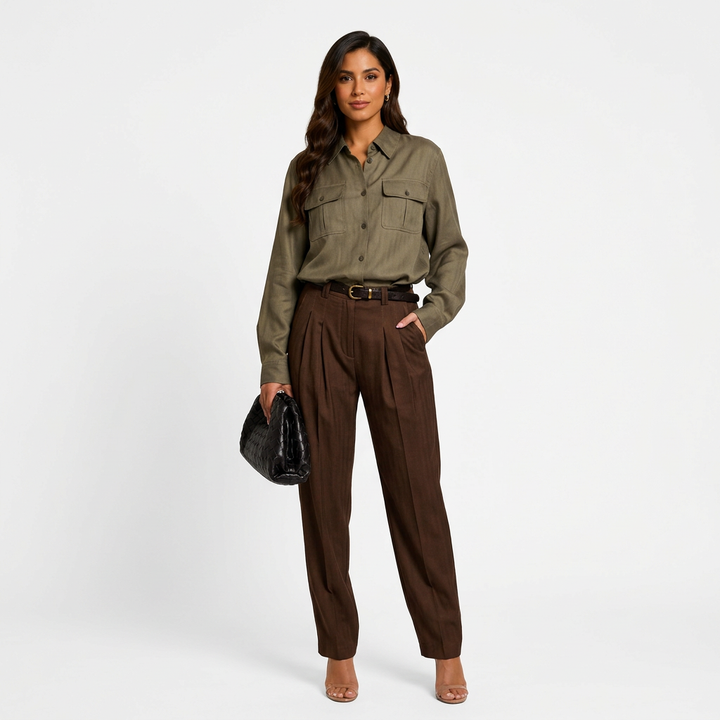 Women’s Lyocell-Linen Utility Button-Down Shirt with Flap Pockets-Vyana Collective