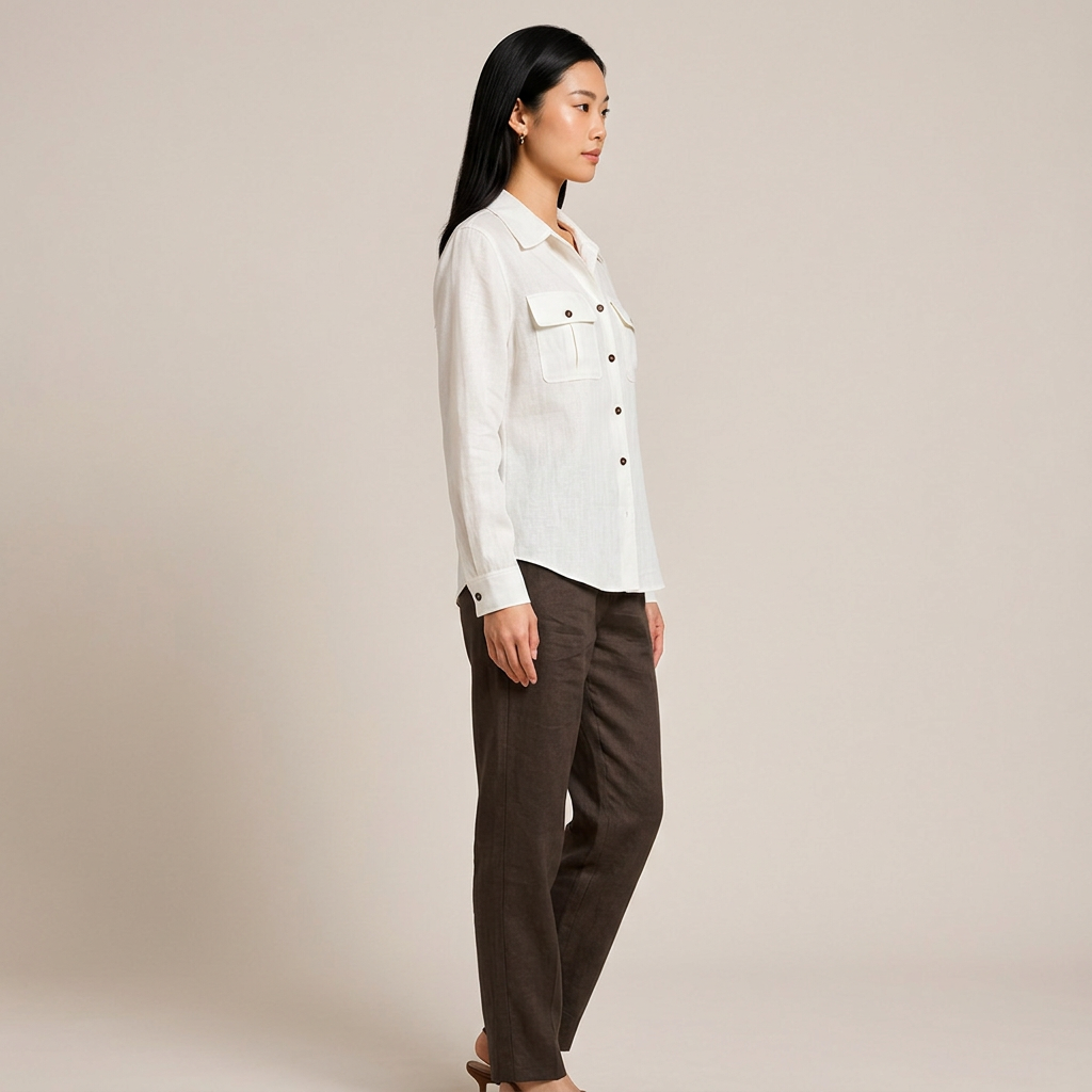 Women’s Lyocell-Linen Utility Button-Down Shirt with Flap Pockets-Vyana Collective