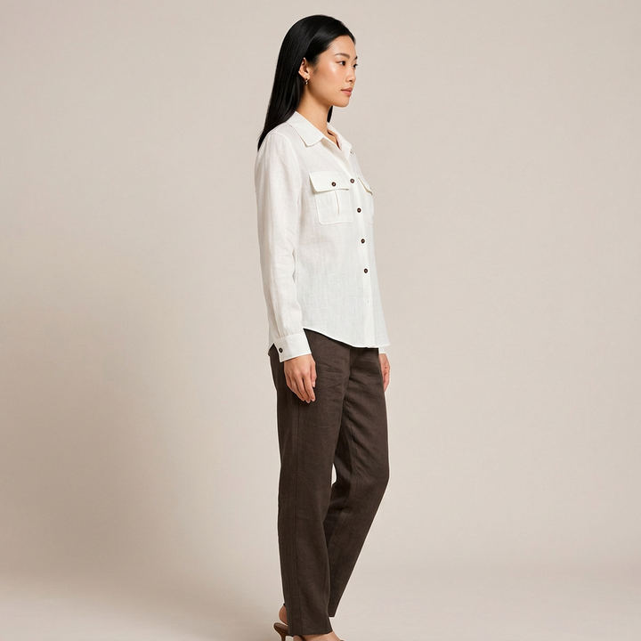 Women’s Lyocell-Linen Utility Button-Down Shirt with Flap Pockets-Vyana Collective