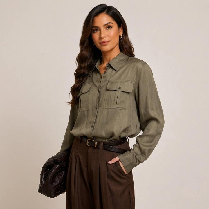 Women’s Lyocell-Linen Utility Button-Down Shirt with Flap Pockets-Vyana Collective