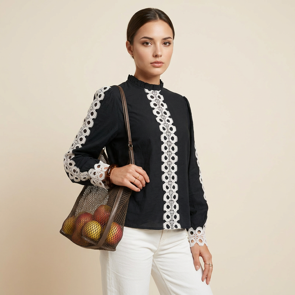 Women’s Navy Crochet Lace Trim Long Sleeve Blouse-Vyana Collective