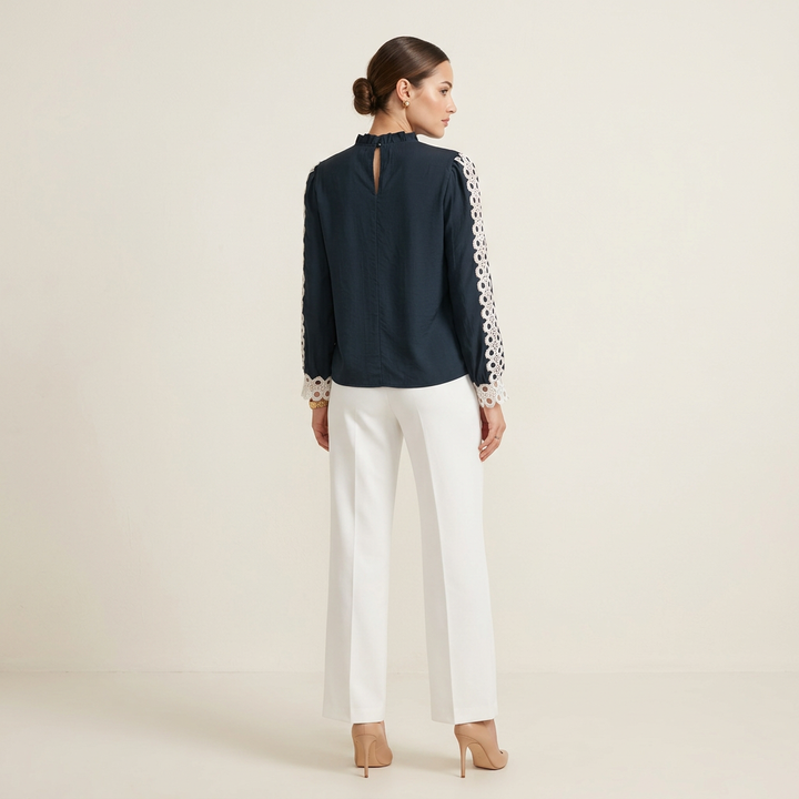 Women’s Navy Crochet Lace Trim Long Sleeve Blouse-Vyana Collective