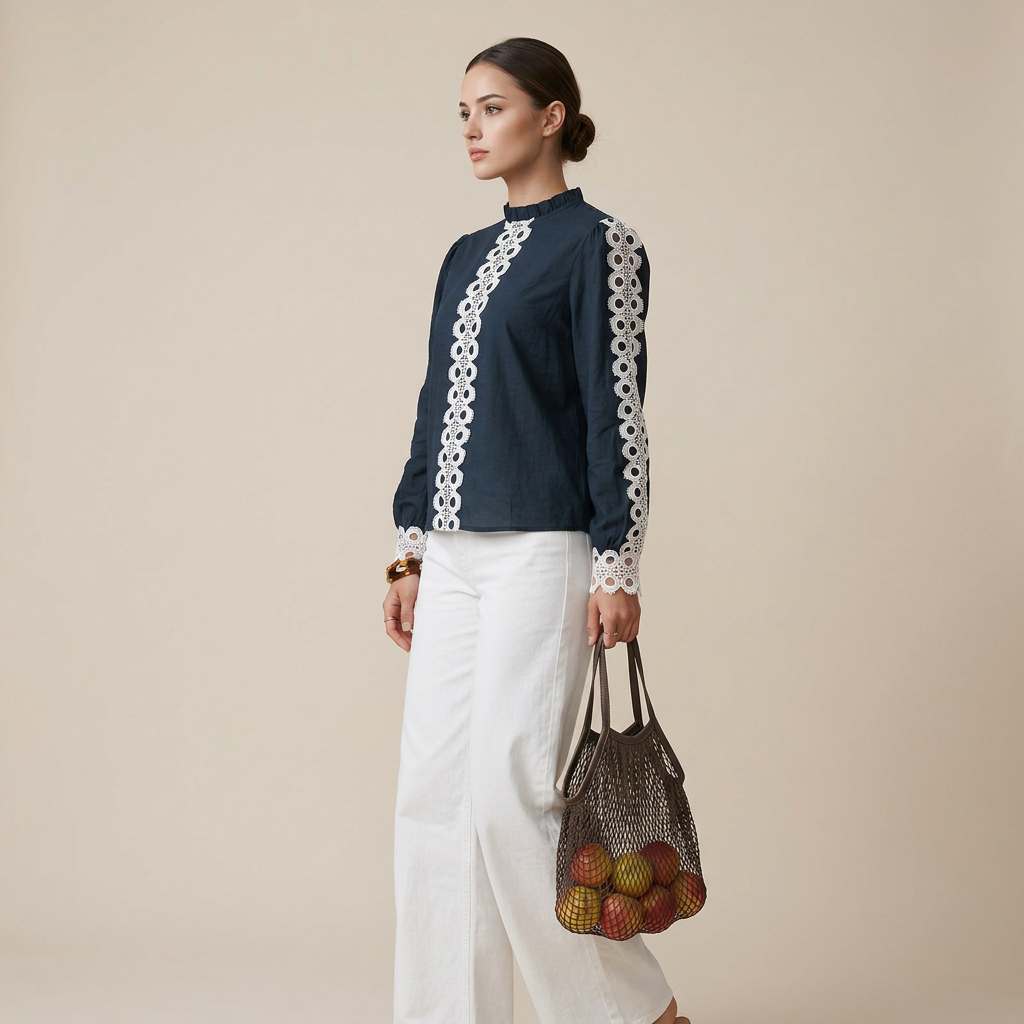 Women’s Navy Crochet Lace Trim Long Sleeve Blouse-Vyana Collective