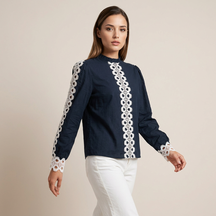 Women’s Navy Crochet Lace Trim Long Sleeve Blouse-Vyana Collective