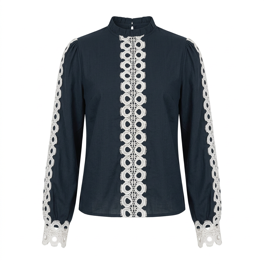 Women’s Navy Crochet Lace Trim Long Sleeve Blouse-Vyana Collective