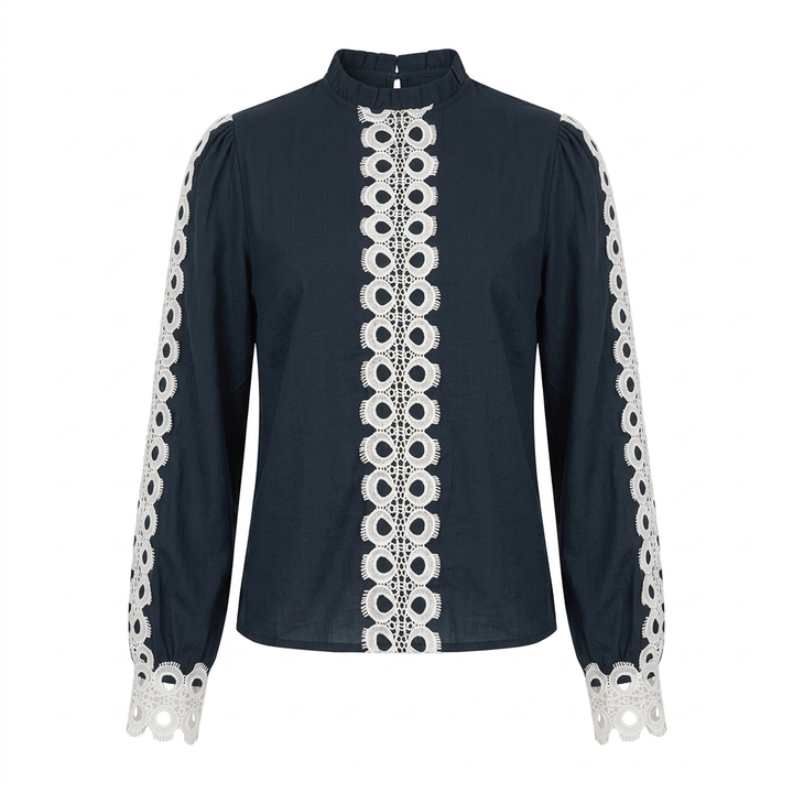 Women’s Navy Crochet Lace Trim Long Sleeve Blouse-Vyana Collective