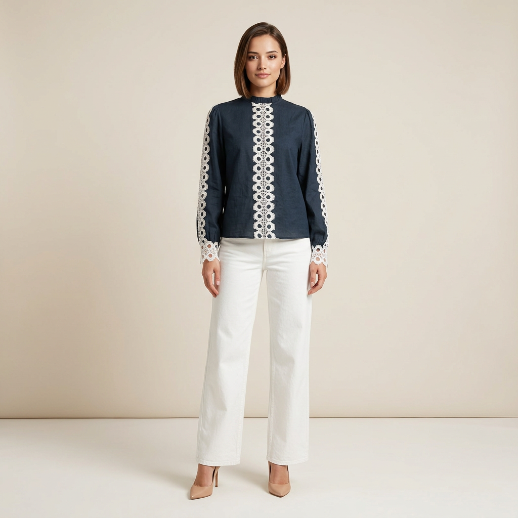 Women’s Navy Crochet Lace Trim Long Sleeve Blouse-Vyana Collective