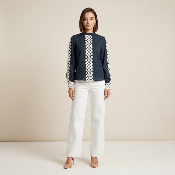 Women’s Navy Crochet Lace Trim Long Sleeve Blouse-Vyana Collective