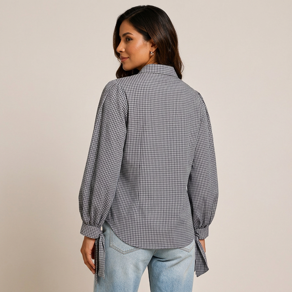 Women’s Navy Gingham Tie-Cuff Long Sleeve Blouse-Vyana Collective