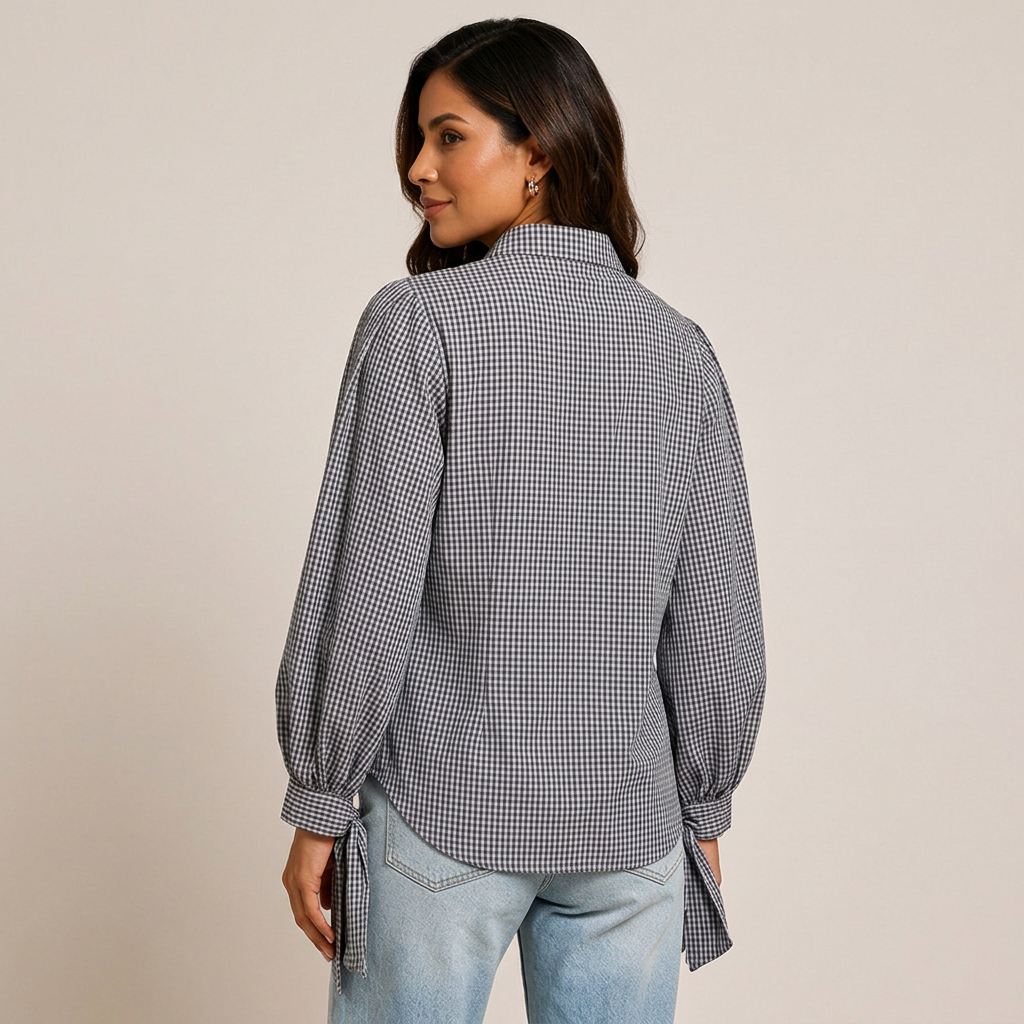 Women’s Navy Gingham Tie-Cuff Long Sleeve Blouse-Vyana Collective