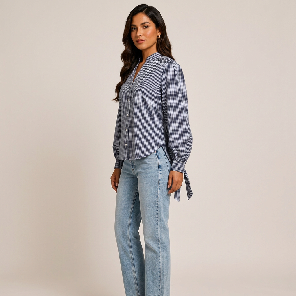 Women’s Navy Gingham Tie-Cuff Long Sleeve Blouse-Vyana Collective