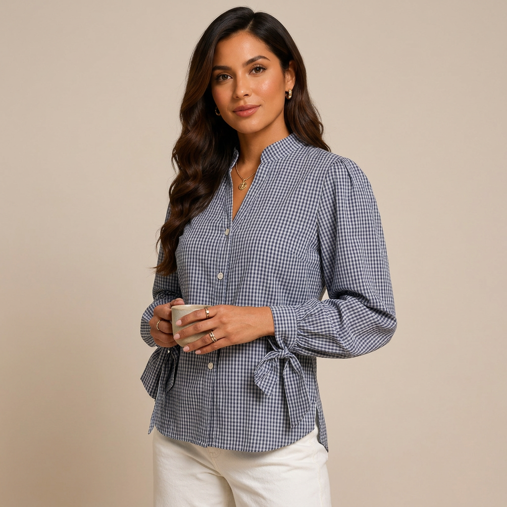 Women’s Navy Gingham Tie-Cuff Long Sleeve Blouse-Vyana Collective
