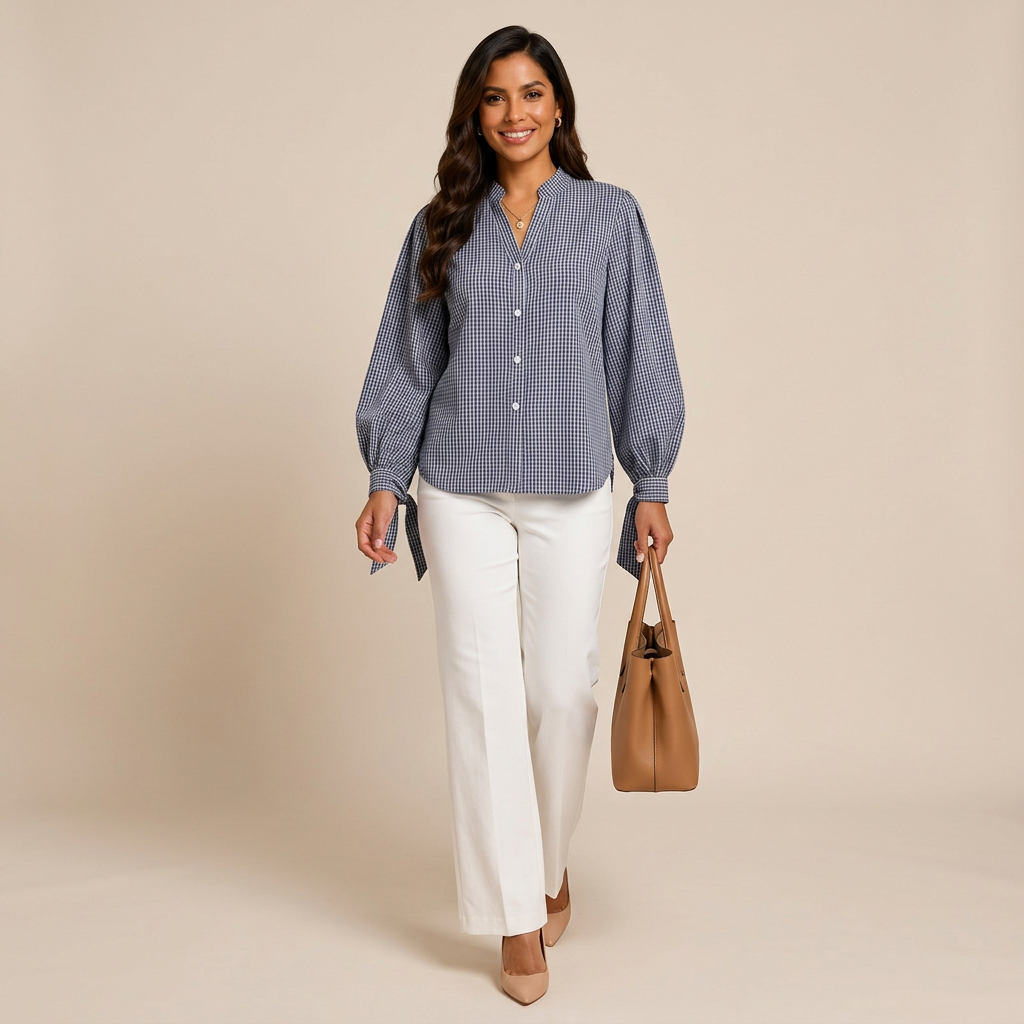 Women’s Navy Gingham Tie-Cuff Long Sleeve Blouse-Vyana Collective