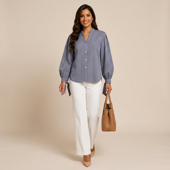 Women’s Navy Gingham Tie-Cuff Long Sleeve Blouse-Vyana Collective