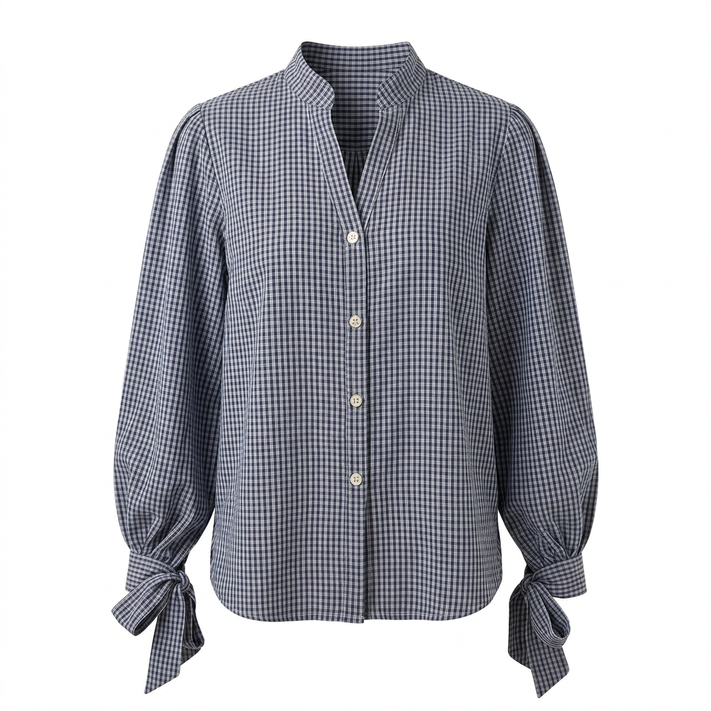 Women’s Navy Gingham Tie-Cuff Long Sleeve Blouse-Vyana Collective