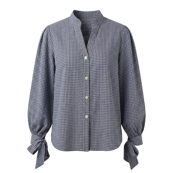 Women’s Navy Gingham Tie-Cuff Long Sleeve Blouse-Vyana Collective