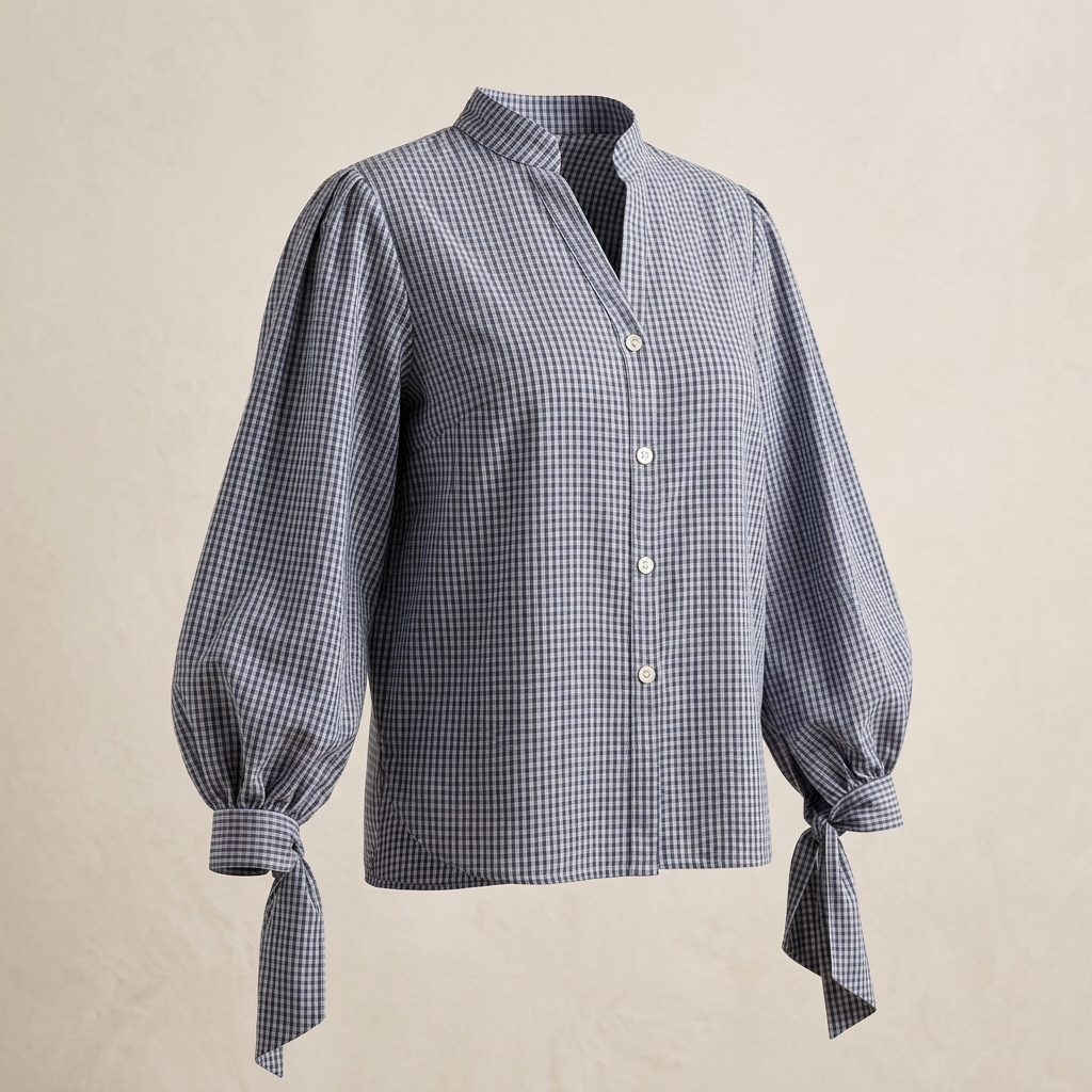Women’s Navy Gingham Tie-Cuff Long Sleeve Blouse-Vyana Collective