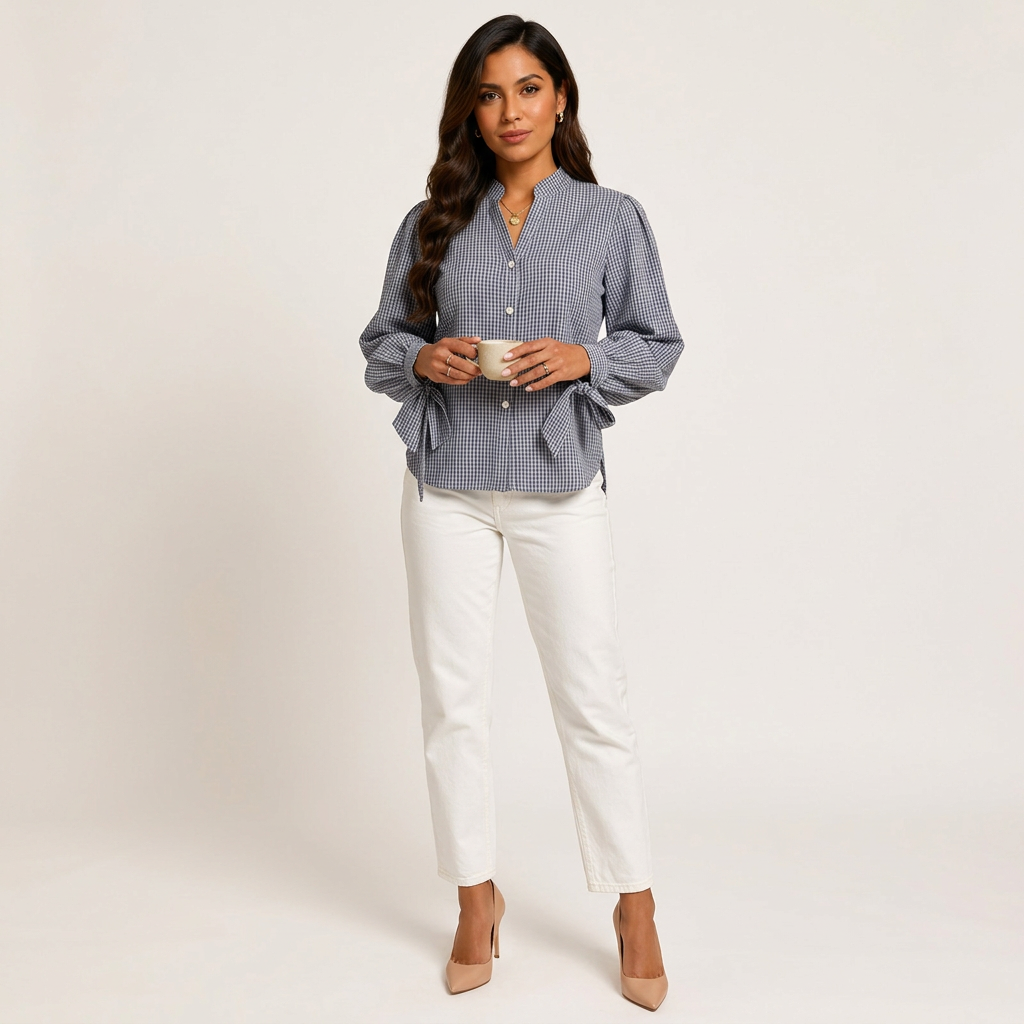Women’s Navy Gingham Tie-Cuff Long Sleeve Blouse-Vyana Collective