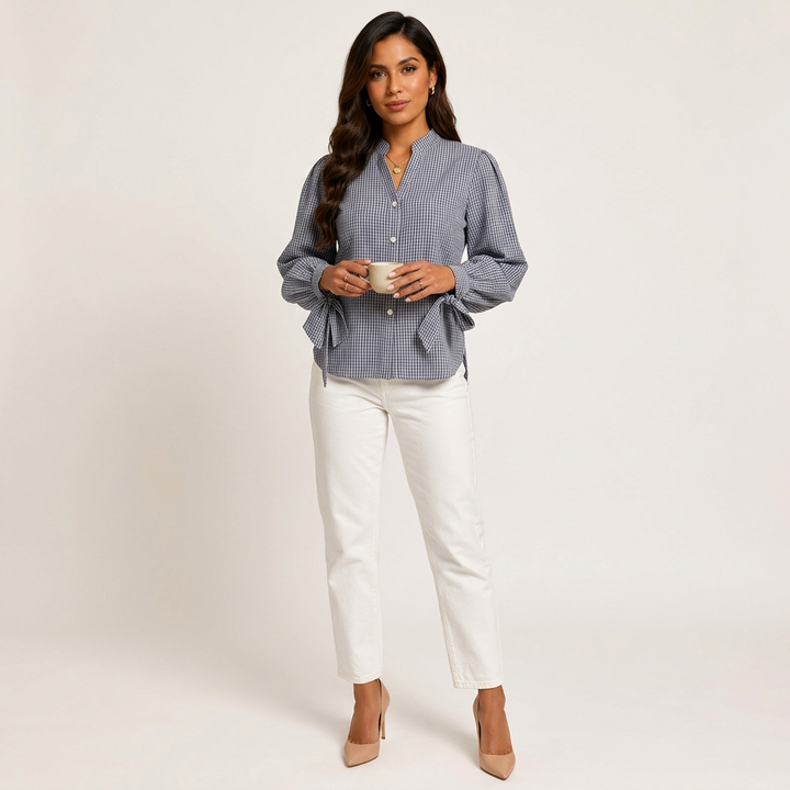 Women’s Navy Gingham Tie-Cuff Long Sleeve Blouse-Vyana Collective