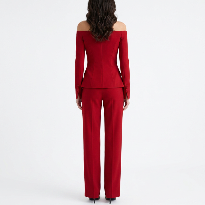 Women’s Off Shoulder Blazer Top and Straight Leg Pants Two Piece Set-Vyana Collective