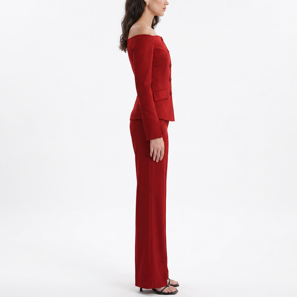 Women’s Off Shoulder Blazer Top and Straight Leg Pants Two Piece Set-Vyana Collective