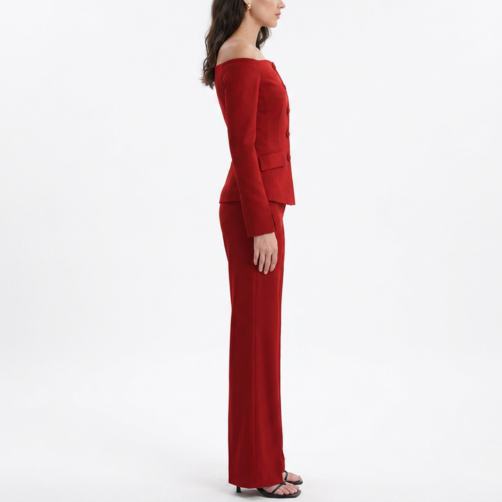 Women’s Off Shoulder Blazer Top and Straight Leg Pants Two Piece Set-Vyana Collective