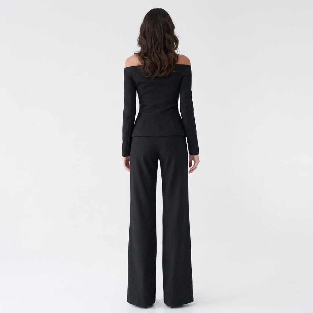 Women’s Off Shoulder Blazer Top and Straight Leg Pants Two Piece Set-Vyana Collective