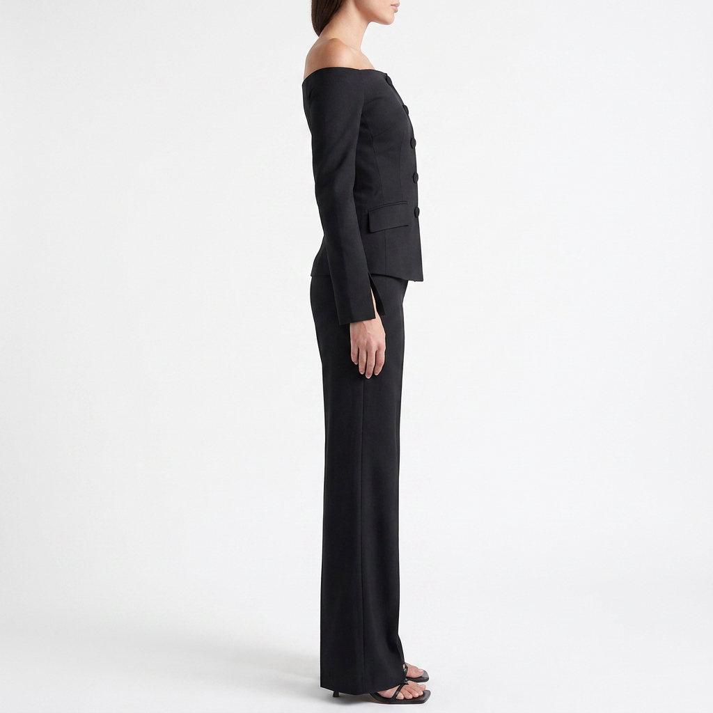 Women’s Off Shoulder Blazer Top and Straight Leg Pants Two Piece Set-Vyana Collective