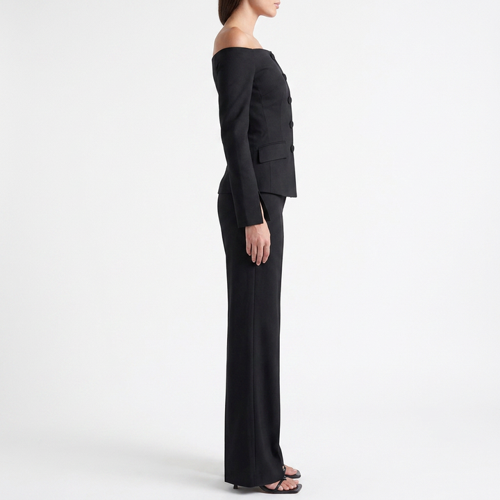 Women’s Off Shoulder Blazer Top and Straight Leg Pants Two Piece Set-Vyana Collective