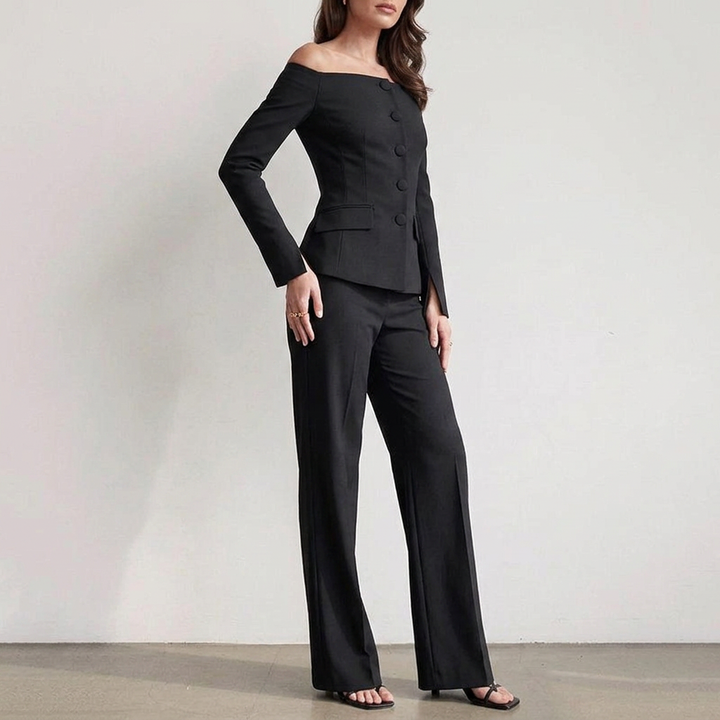 Women’s Off Shoulder Blazer Top and Straight Leg Pants Two Piece Set-Vyana Collective