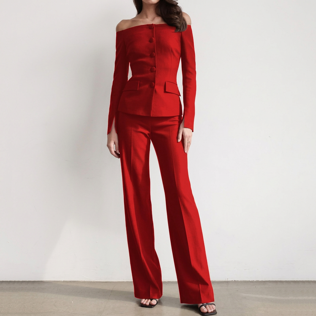 Women’s Off Shoulder Blazer Top and Straight Leg Pants Two Piece Set-Vyana Collective