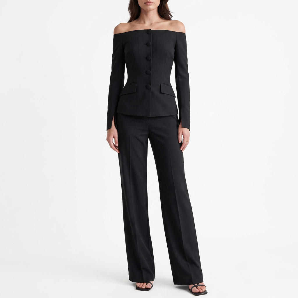Women’s Off Shoulder Blazer Top and Straight Leg Pants Two Piece Set-Vyana Collective