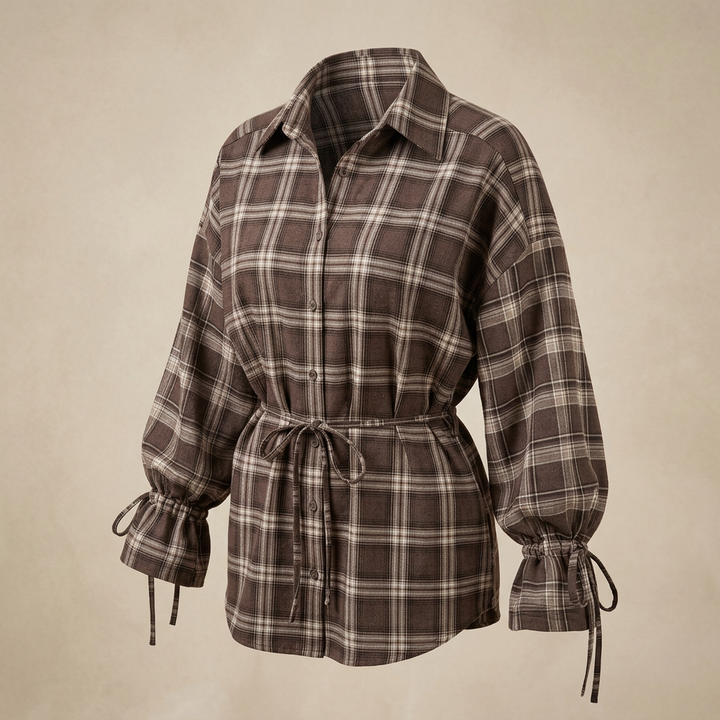 Women’s Plaid Belted Long Sleeve Shirt Jacket-Vyana Collective