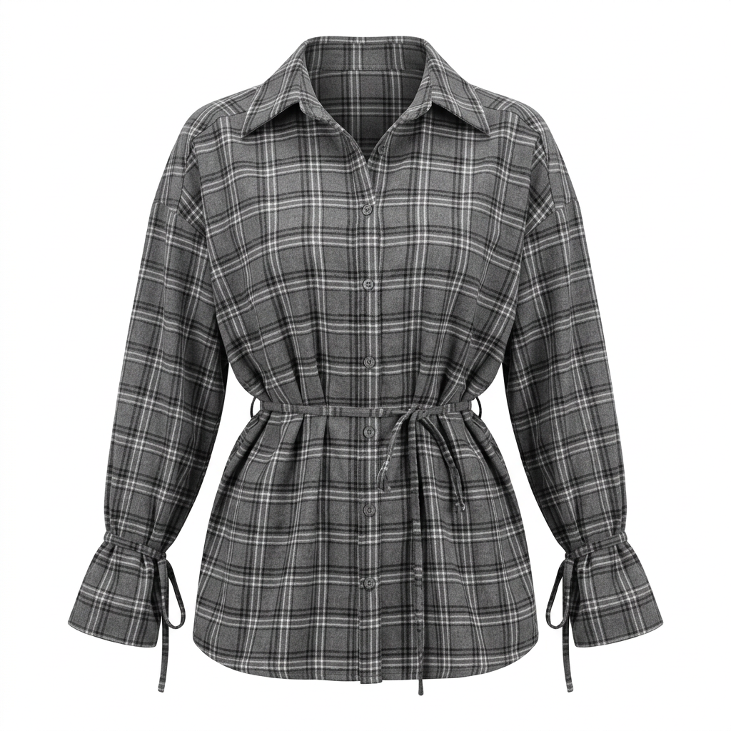Women’s Plaid Belted Long Sleeve Shirt Jacket-Vyana Collective