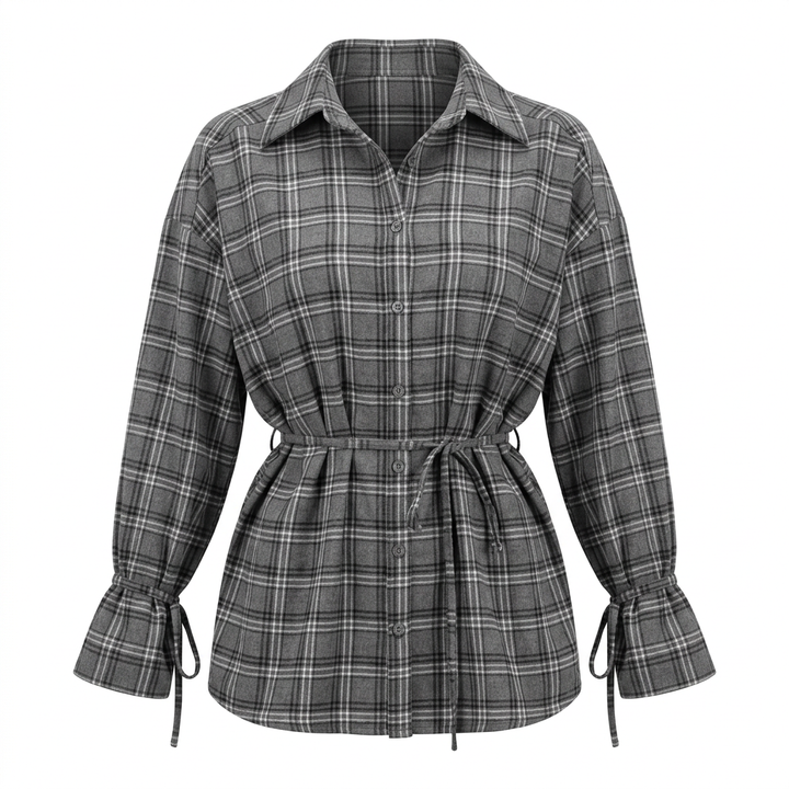 Women’s Plaid Belted Long Sleeve Shirt Jacket-Vyana Collective