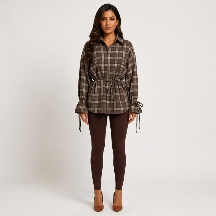 Women’s Plaid Belted Long Sleeve Shirt Jacket-Vyana Collective