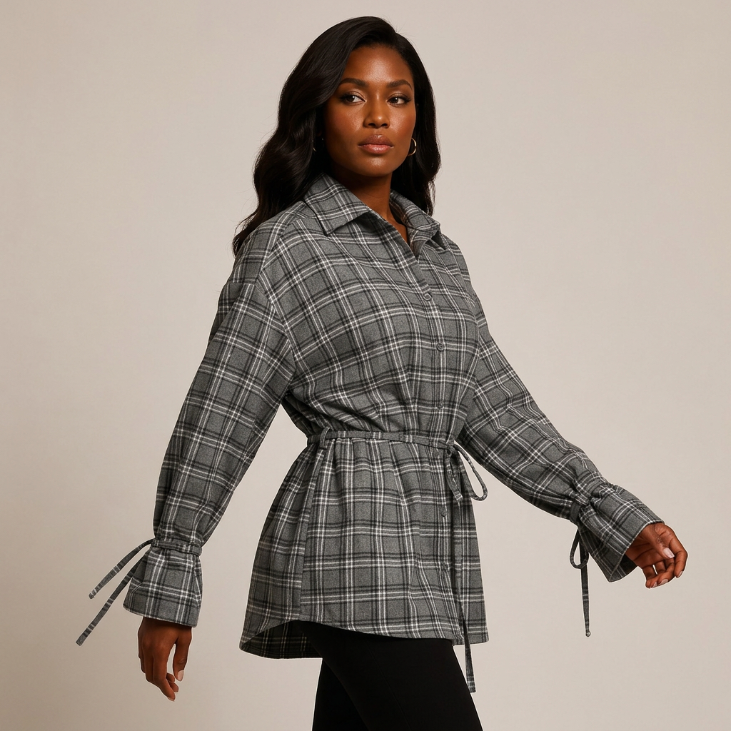 Women’s Plaid Belted Long Sleeve Shirt Jacket-Vyana Collective