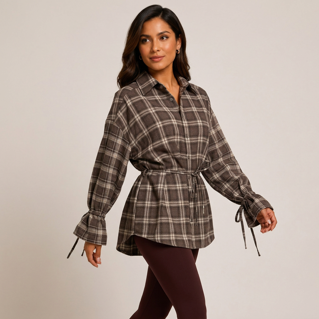 Women’s Plaid Belted Long Sleeve Shirt Jacket-Vyana Collective