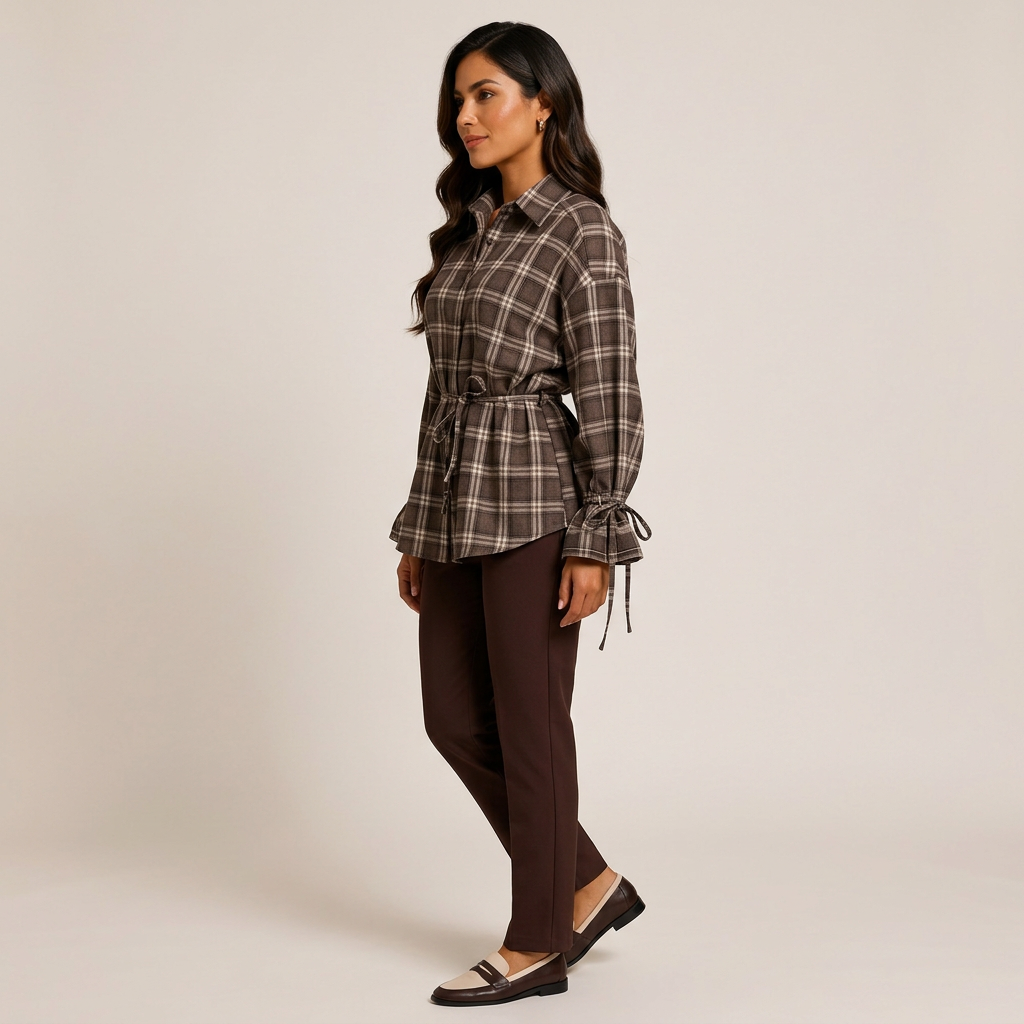 Women’s Plaid Belted Long Sleeve Shirt Jacket-Vyana Collective