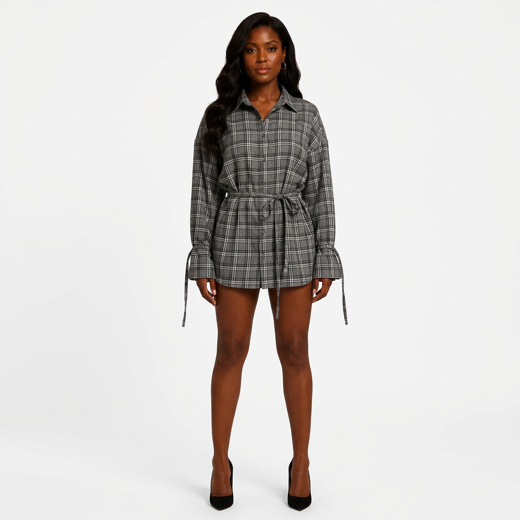 Women’s Plaid Belted Long Sleeve Shirt Jacket-Vyana Collective