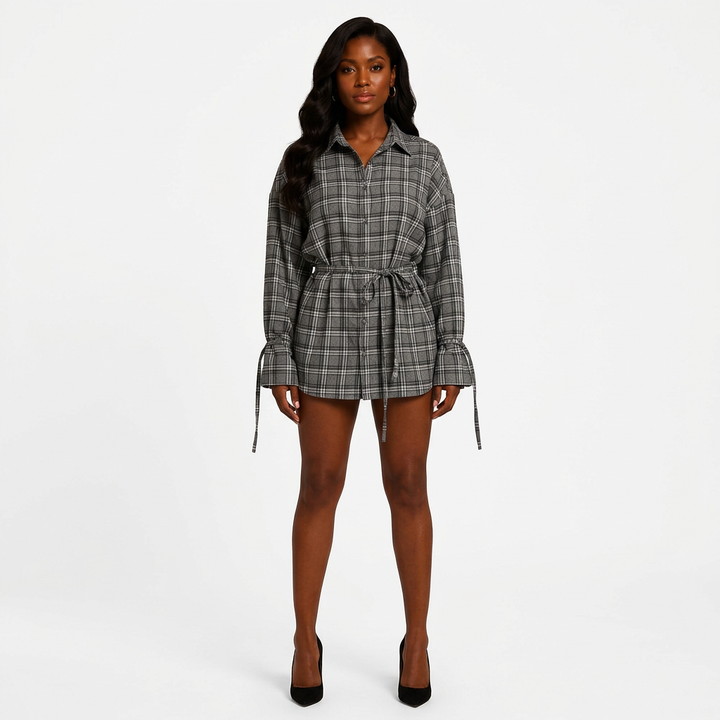 Women’s Plaid Belted Long Sleeve Shirt Jacket-Vyana Collective