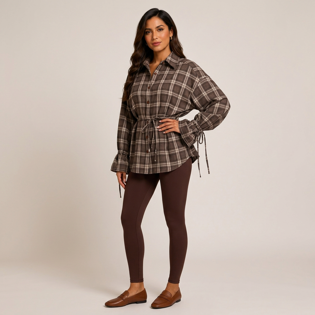 Women’s Plaid Belted Long Sleeve Shirt Jacket-Vyana Collective