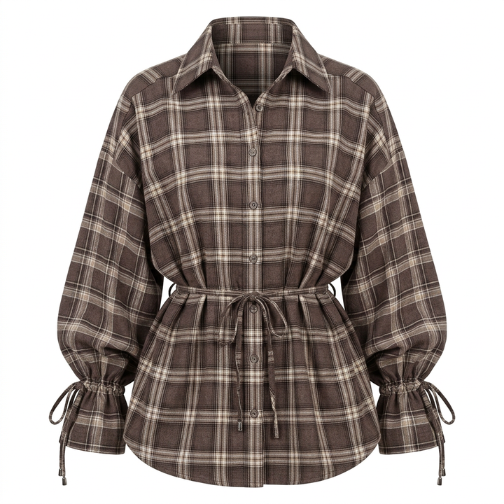 Women’s Plaid Belted Long Sleeve Shirt Jacket-Vyana Collective