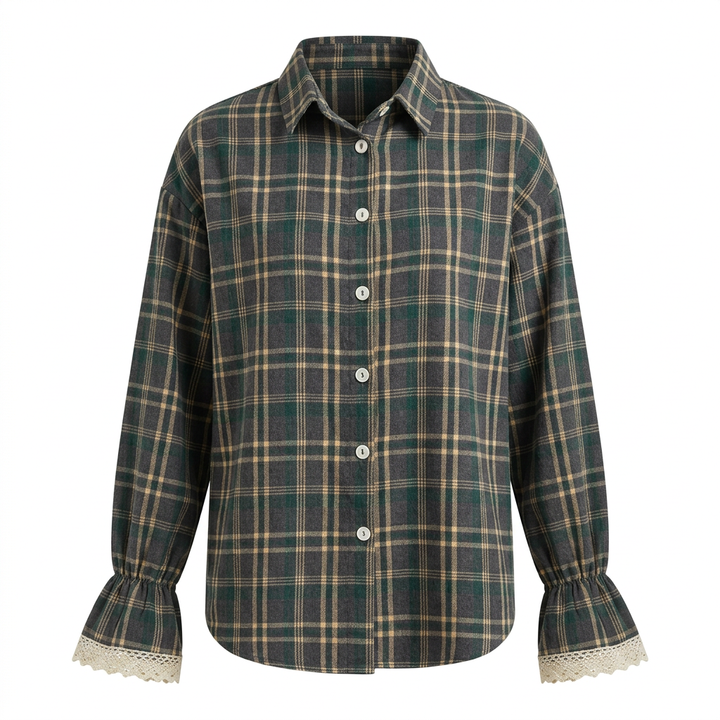 Women’s Plaid Lace Cuff Loose-Fit Long Sleeve Shirt-Vyana Collective