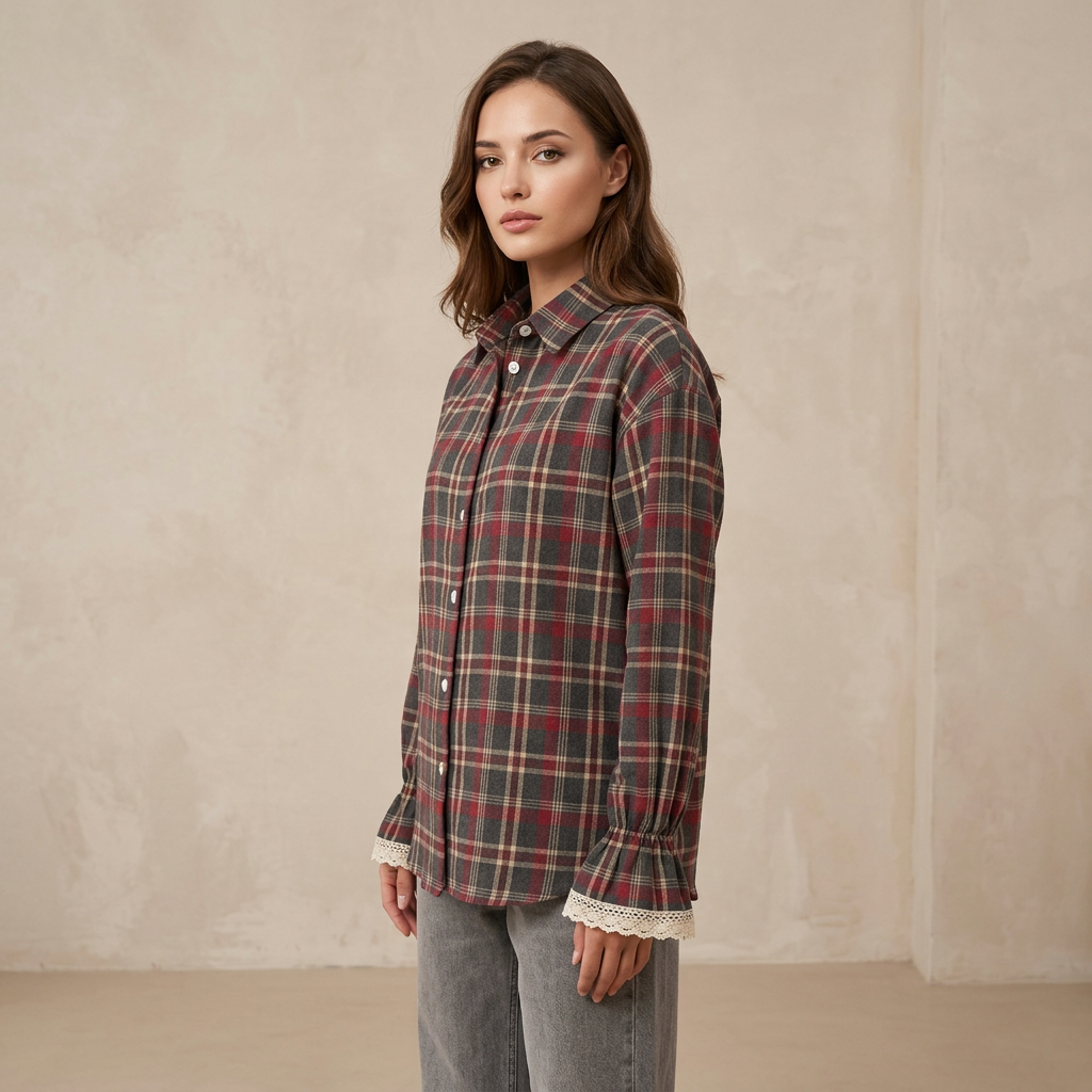 Women’s Plaid Lace Cuff Loose-Fit Long Sleeve Shirt-Vyana Collective