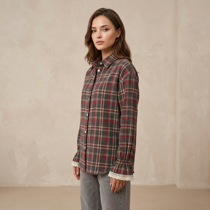 Women’s Plaid Lace Cuff Loose-Fit Long Sleeve Shirt-Vyana Collective